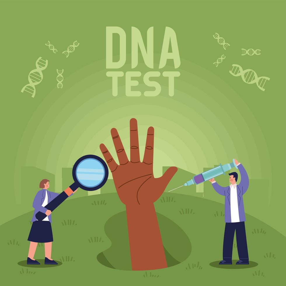 dna-test belettering met paar wetenschappers vector