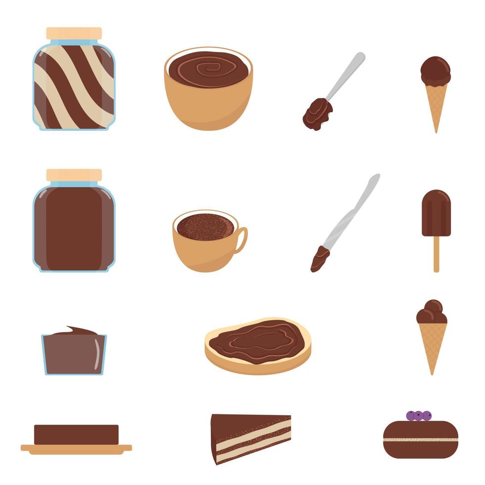 set van producten met chocolade. chocoladepasta, boter, ijs, culinaire producten. vector