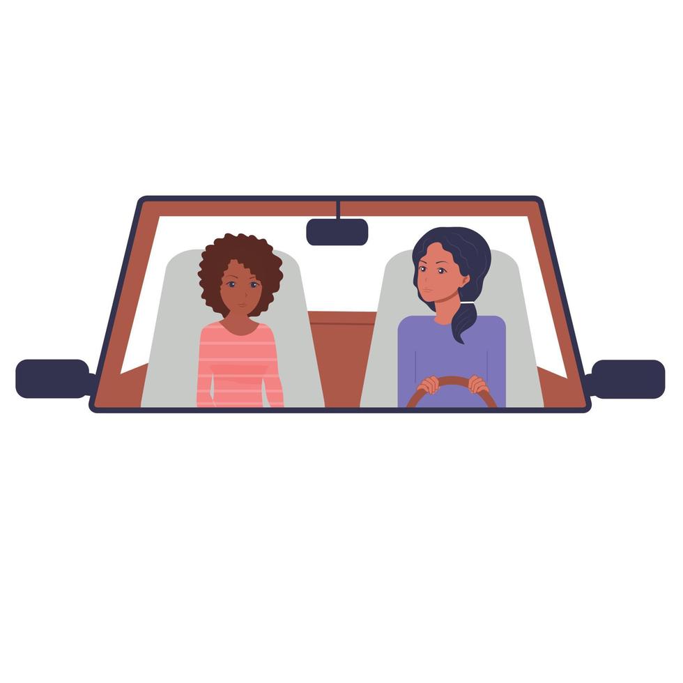 een reis, een reis in een auto. twee jonge meisjes. vector platte, witte achtergrond.