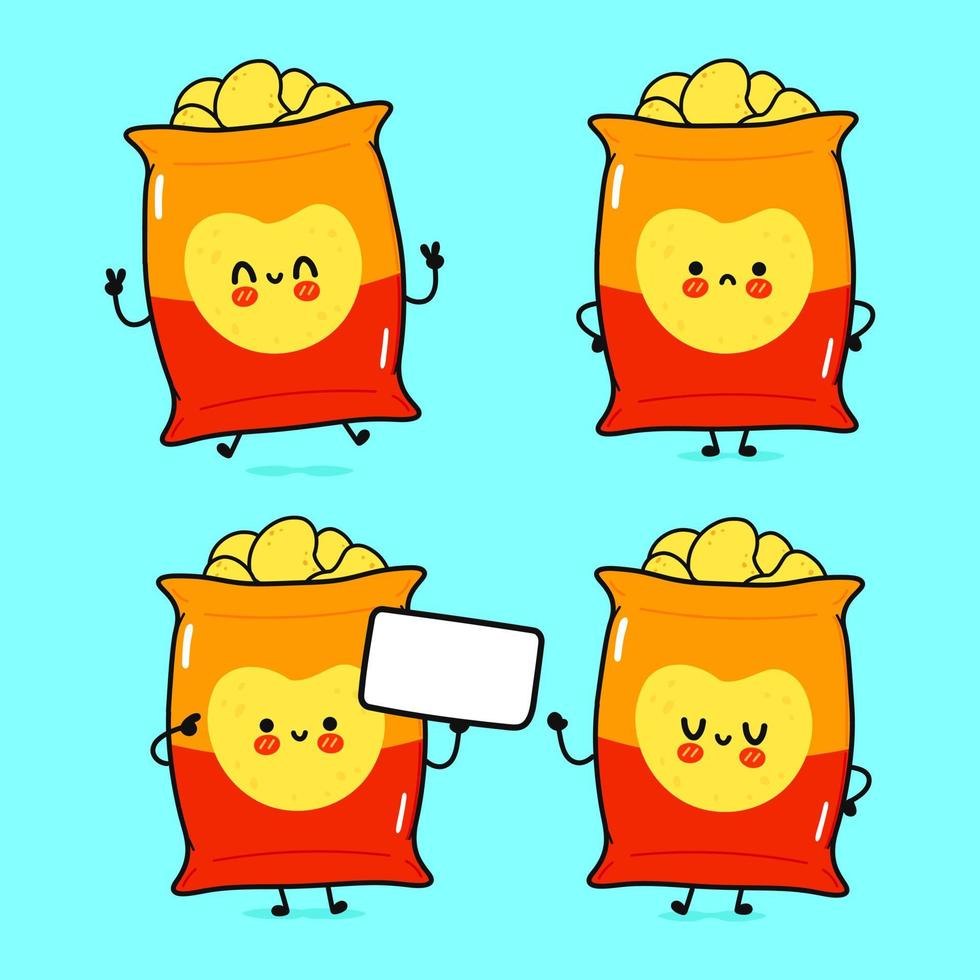 grappige schattige happy chips karakters bundel set. vector kawaii lijn cartoon stijl illustratie. geïsoleerd op een witte achtergrond. schattige chips mascotte karakter collectie