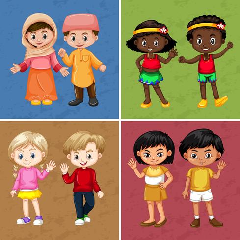 Kinderen op vier verschillende kleurenachtergrond vector