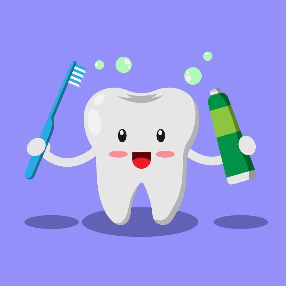 schattige cartoontand met tandenborstel en tandpasta. vectorillustratie tand karakter met bubbels. vector