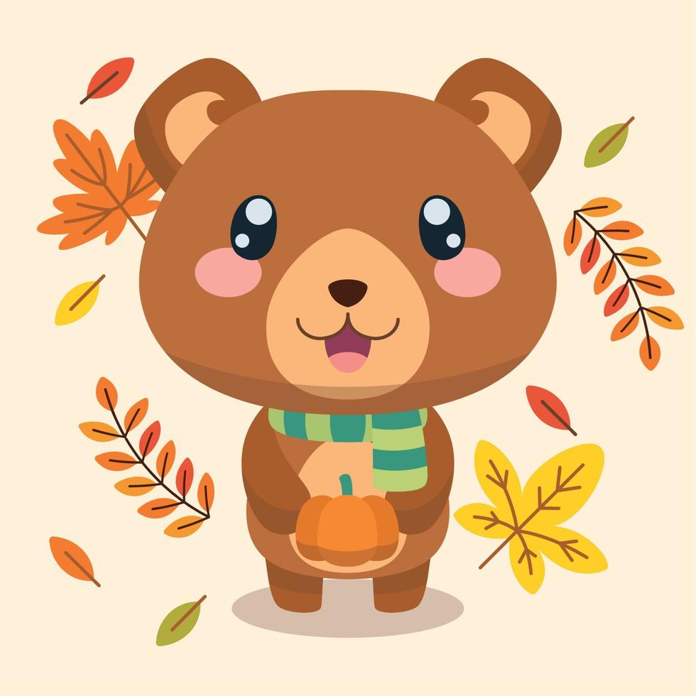geïsoleerde gelukkige beer karakter herfstbladeren achtergrond vector