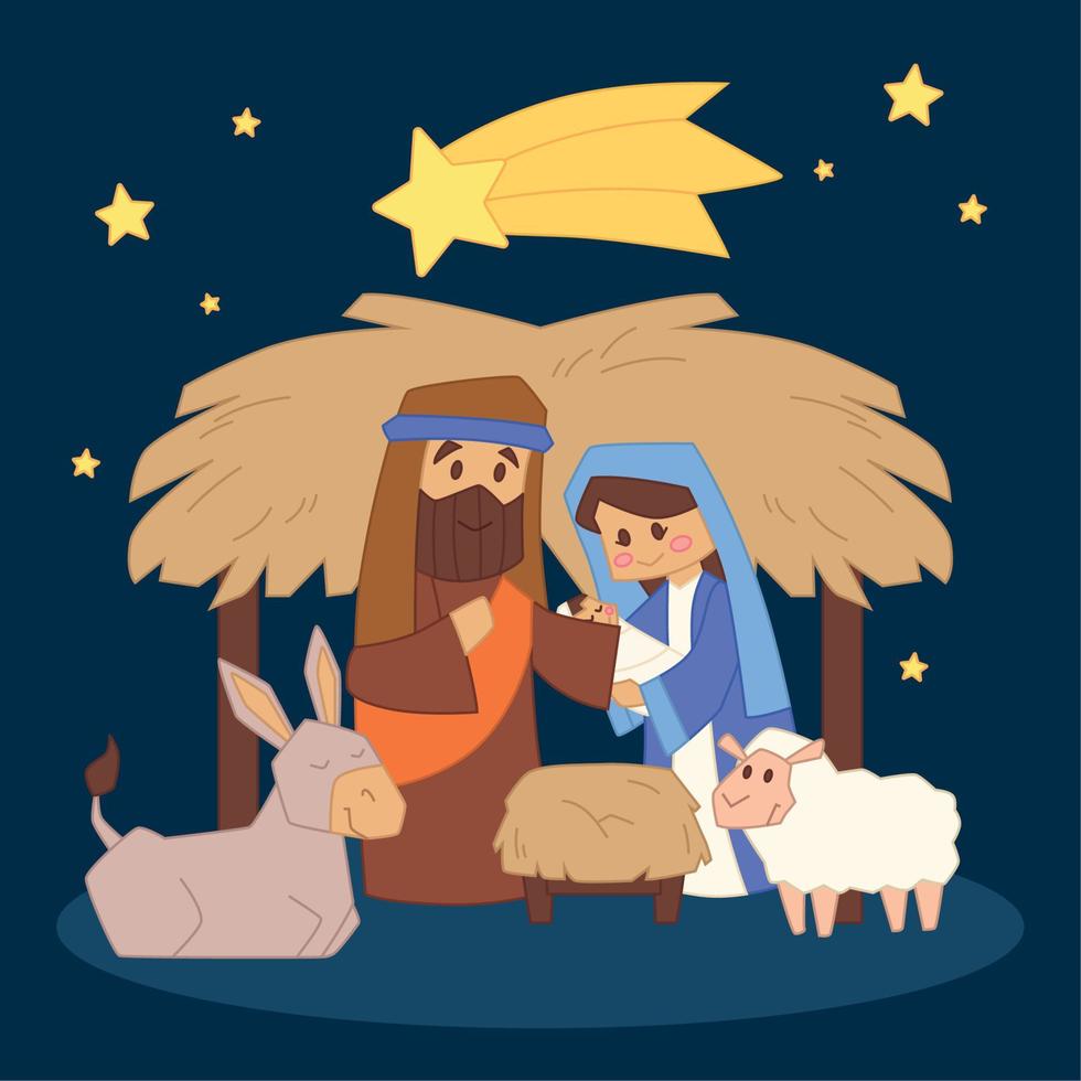 kerststal in een hut cartoon van een maagd maria joseph en dieren vector