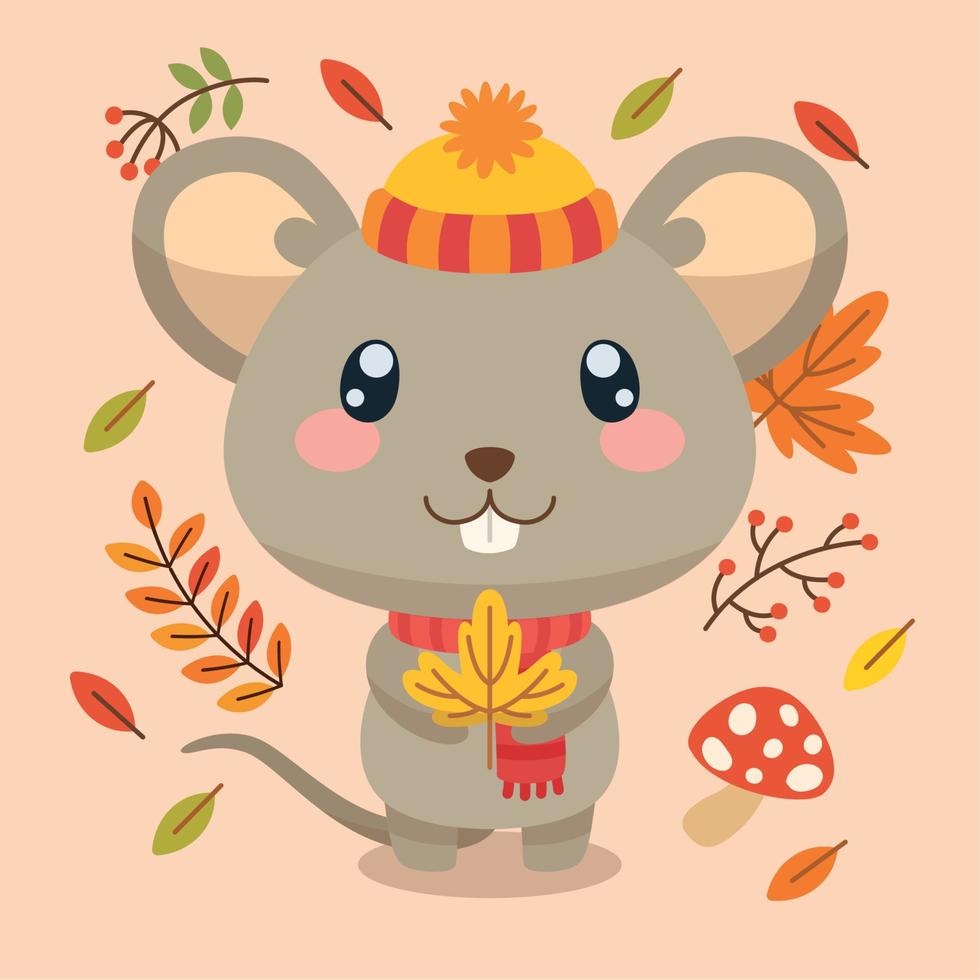 geïsoleerd schattig muiskarakter met een hoed met een herfstblad vector