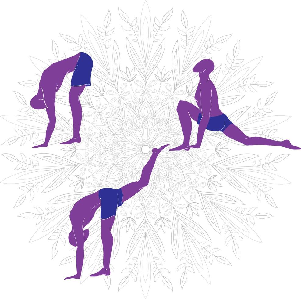 een man die yoga beoefent. silhouetten met mandala op de achtergrond. vector