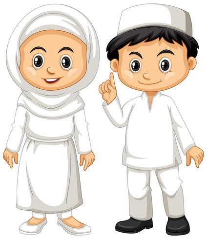 Moslimjongen en meisje in witte uitrusting vector