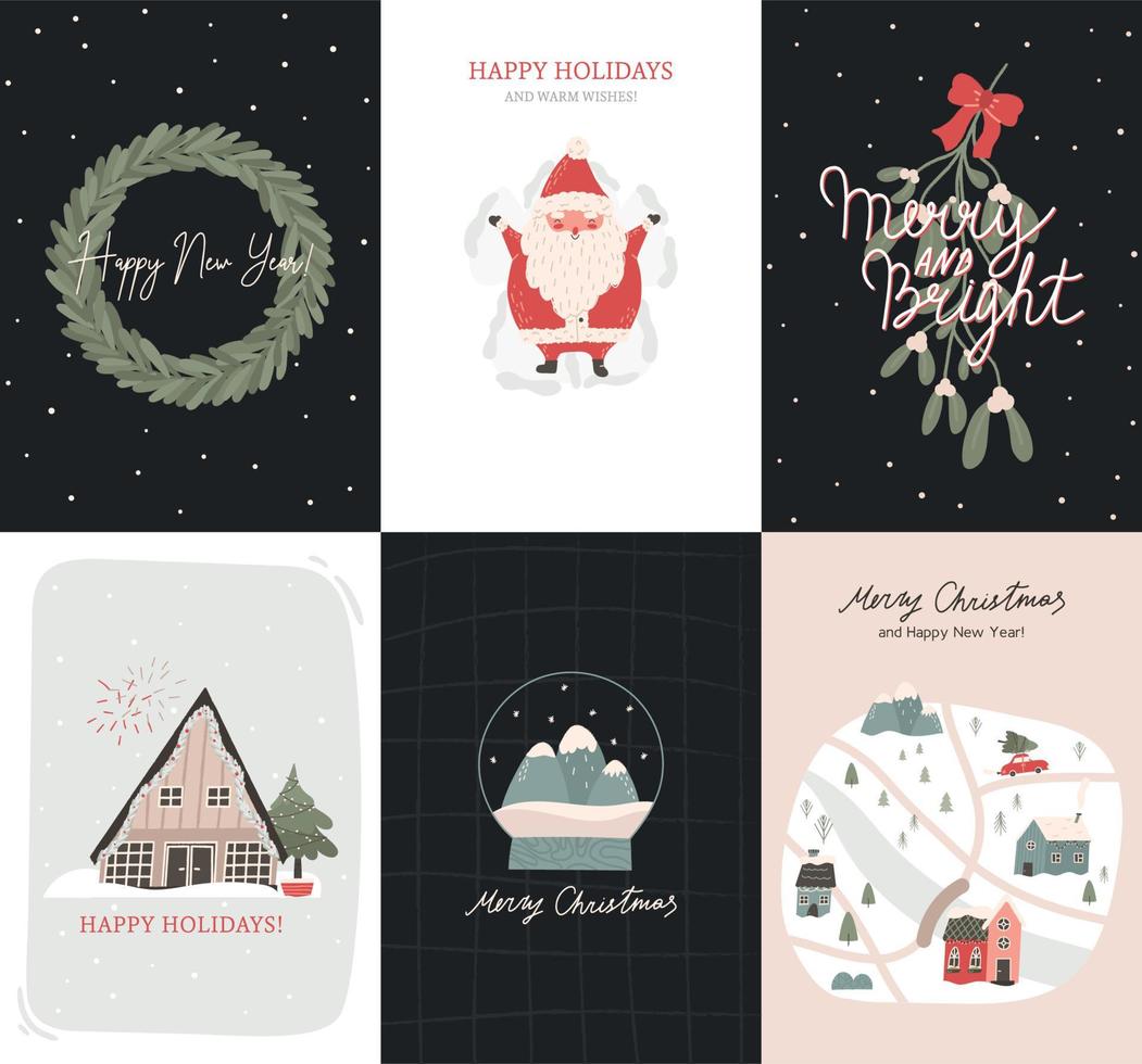 set van elegante kerst- en nieuwjaarswenskaarten, platte vectorillustratie. vakantiekrans, kerstman, dorp, huis en sneeuwbol. leuke scandinavische posters. vector