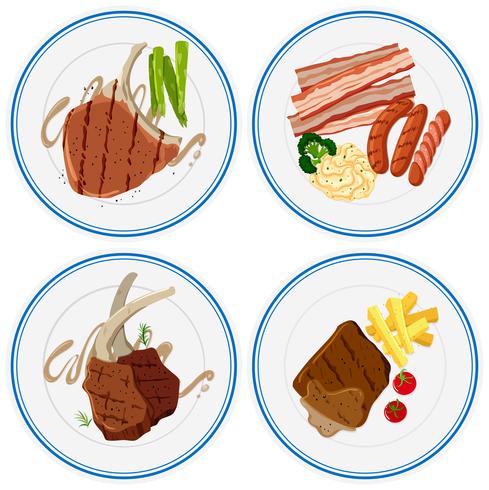 Verschillende gegrild vlees op platen vector