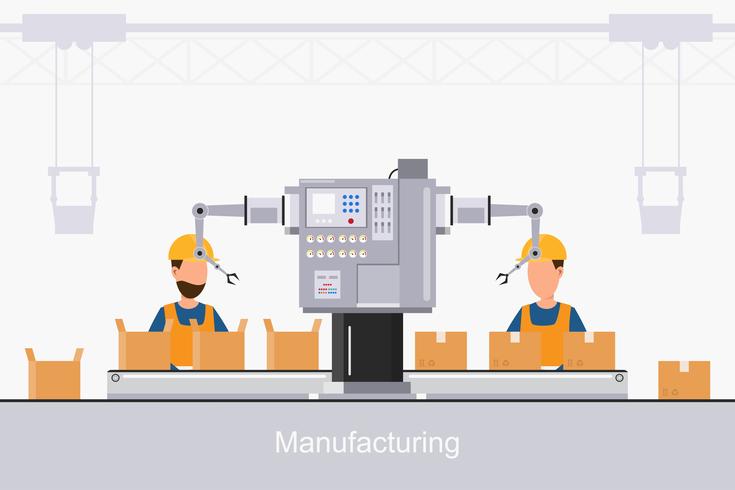 slimme industriële fabriek in een vlakke stijl met arbeiders, robots en assemblagelijnverpakking vector