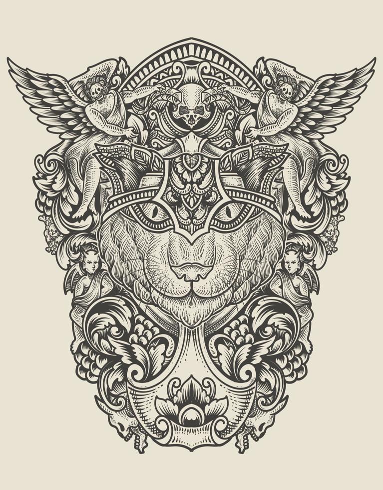 illustratie kattenkop gravure ornamentstijl met masker vector