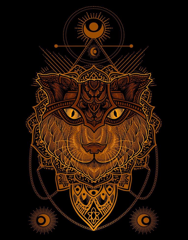 illustratie kattenhoofd gravure mandala-stijl met masker vector