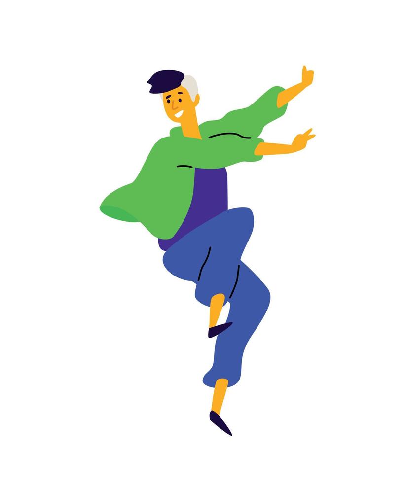 vrolijke positieve man. vector. illustratie van een dansende jonge man. karakter voor de dansstudio. vlakke stijl. bedrijfslogo. beweging is leven. positief gelukkig persoon. vector