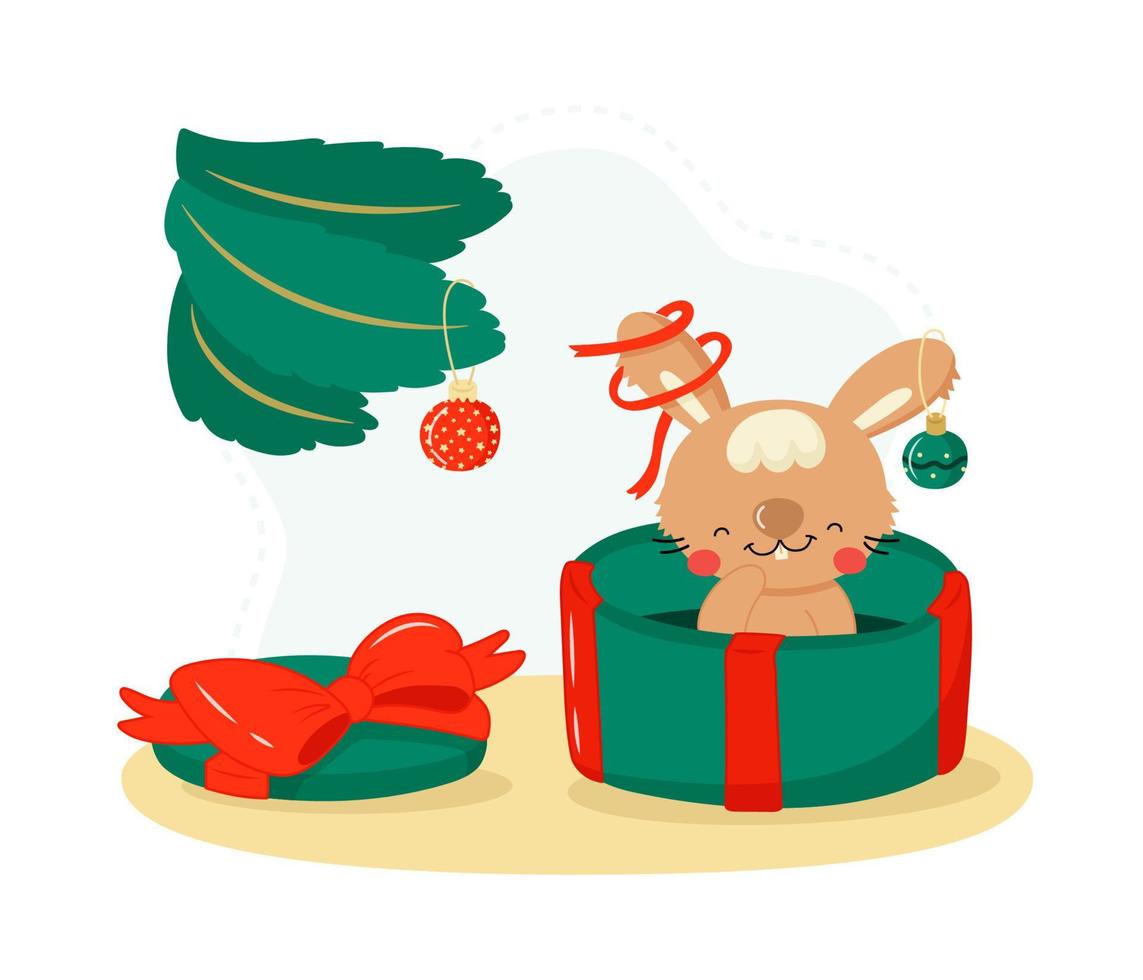 schattige cartoon kerst konijn zit in een geschenkdoos. grappig dierlijk karakter voor kinderontwerp. vakantie wenskaart. platte vectorillustratie. vector