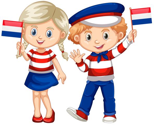 Gelukkige jongen en meisjesholdingsvlag van Netherland vector