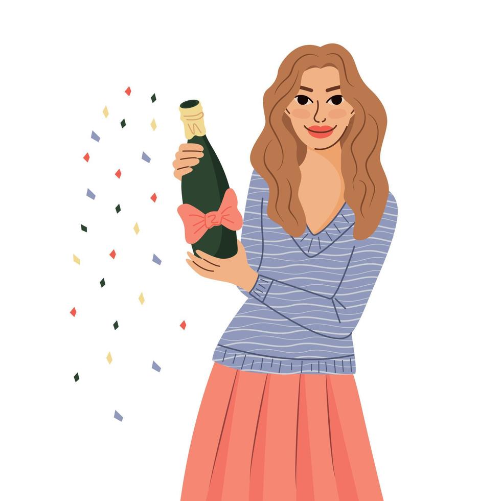een jong meisje houdt een fles champagne vast. verjaardag. het concept van de vakantie en gefeliciteerd. vector. vector