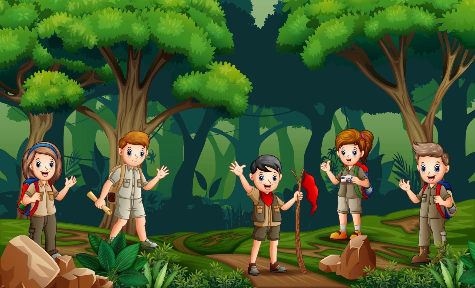 een groep scouts wandelen in het bos vector