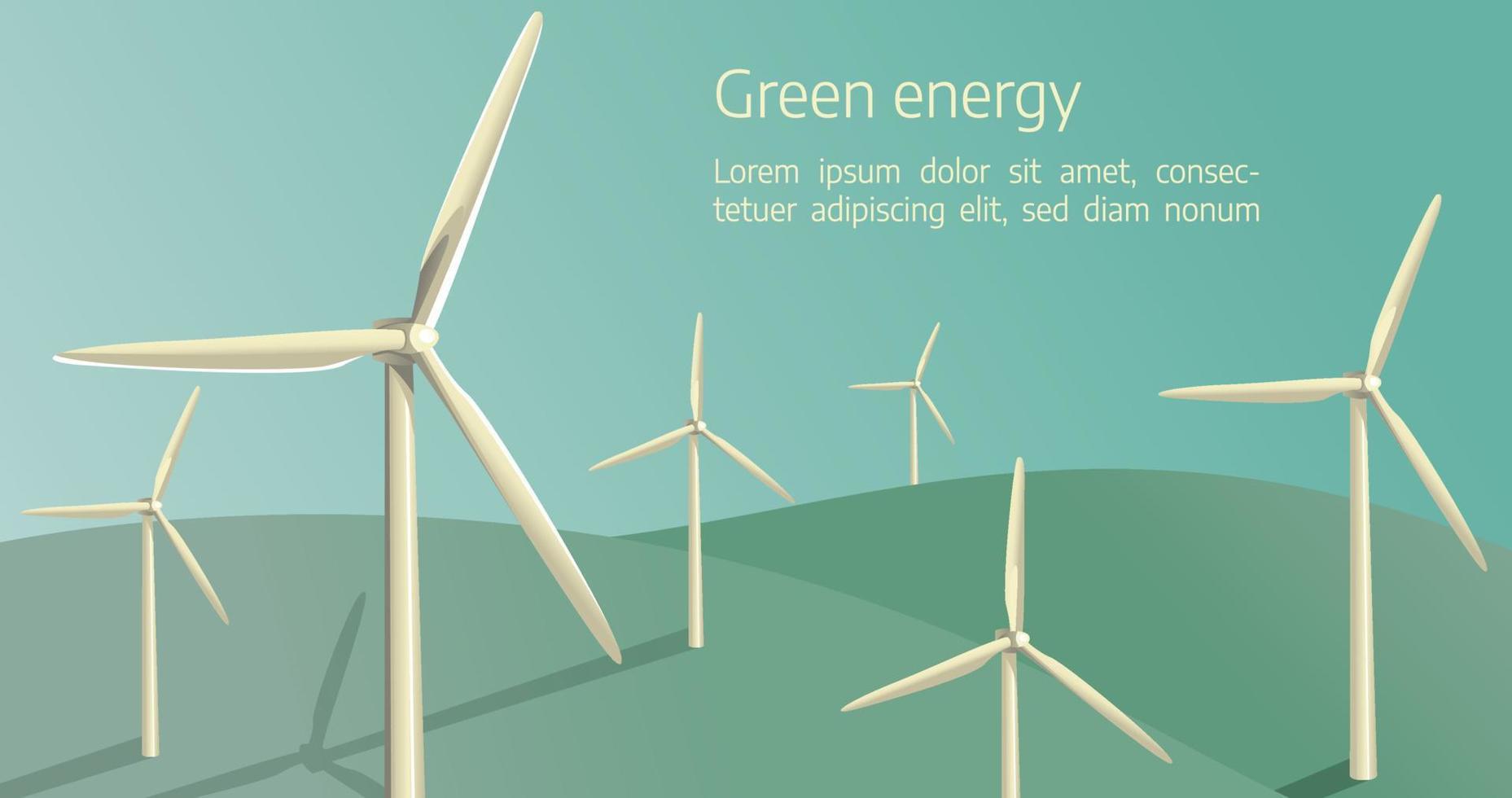 windenergie energie turbines op een groen veld en een blauwe lucht met rubriek groene energie. alternatieve energiebron. eps 10. vector