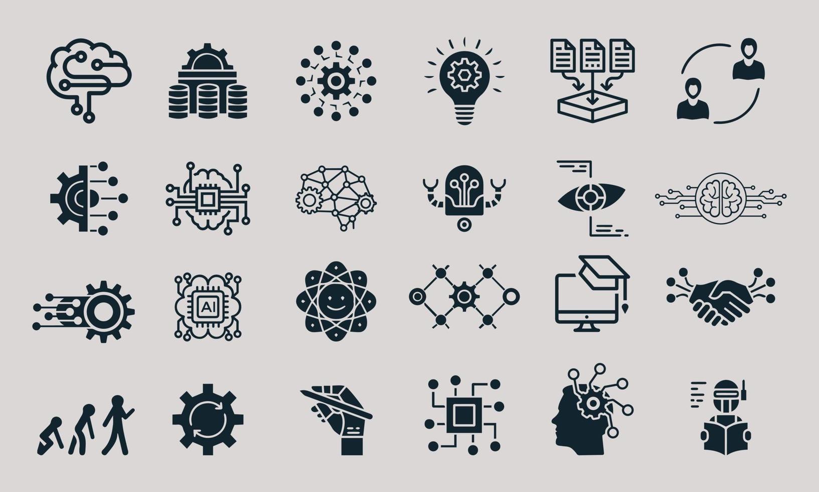 machine learning concept pictogrammen instellen. bevat dergelijke pictogrammen, algoritme, datamining, slimme intelligentie, brainstormen, denken en meer, kan worden gebruikt voor web en apps. vector