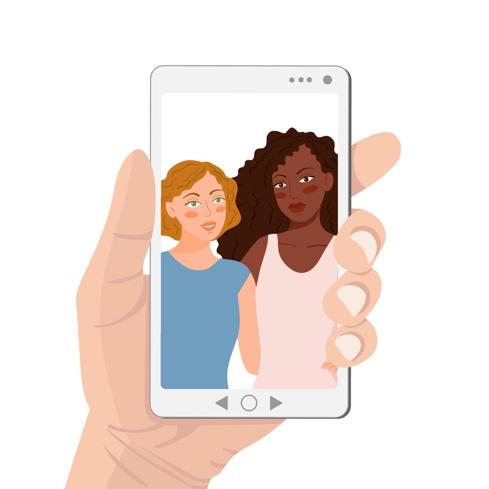 vrouwen paar nemen romantische selfie portret met smartphone. vriendinnen foto zelf foto op scherm, hand met mobiele telefoon. mensen die zichzelf fotograferen. platte cartoon vectorillustratie vector