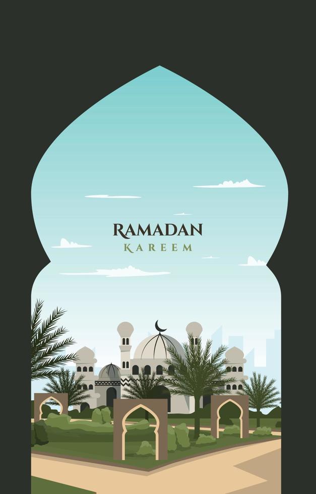 mooie moskee poort tuin landschap islamitische ramadan kareem wenskaart vector