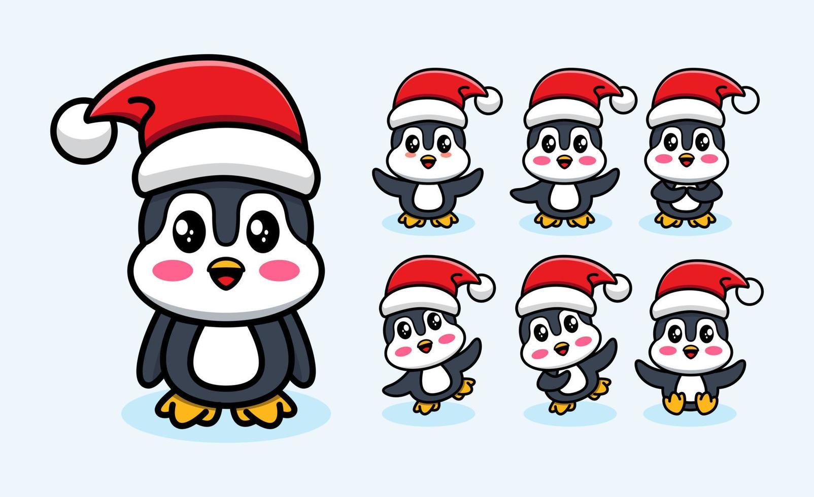 schattige schattige illustratie - set van schattige en schattige pinguïn met kerstmuts cartoon kunst illustratie ontwerp vector