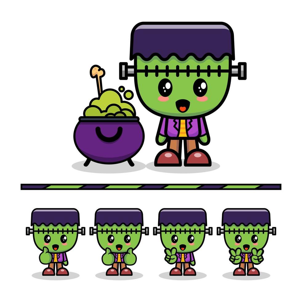 schattige chibi illustratie - set van schattige zombie frankenstein cartoon kunst illustratie vector