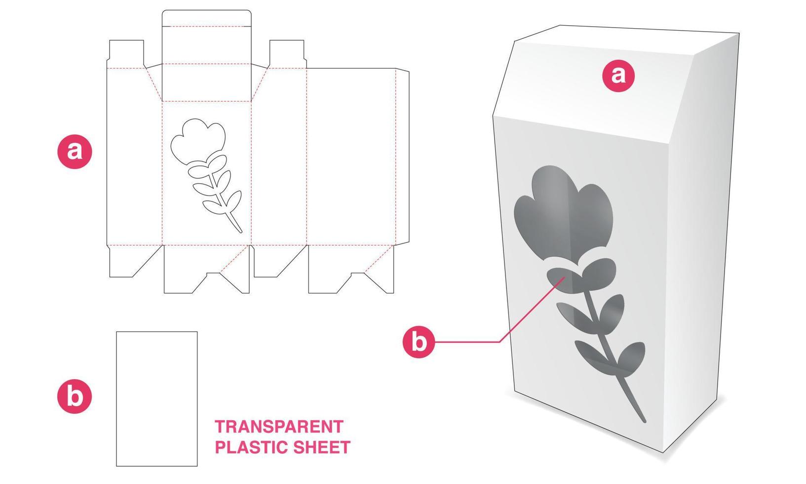 afgeschuinde doos met pictogram bloemvenster en transparant gestanst plastide vel sjabloon vector