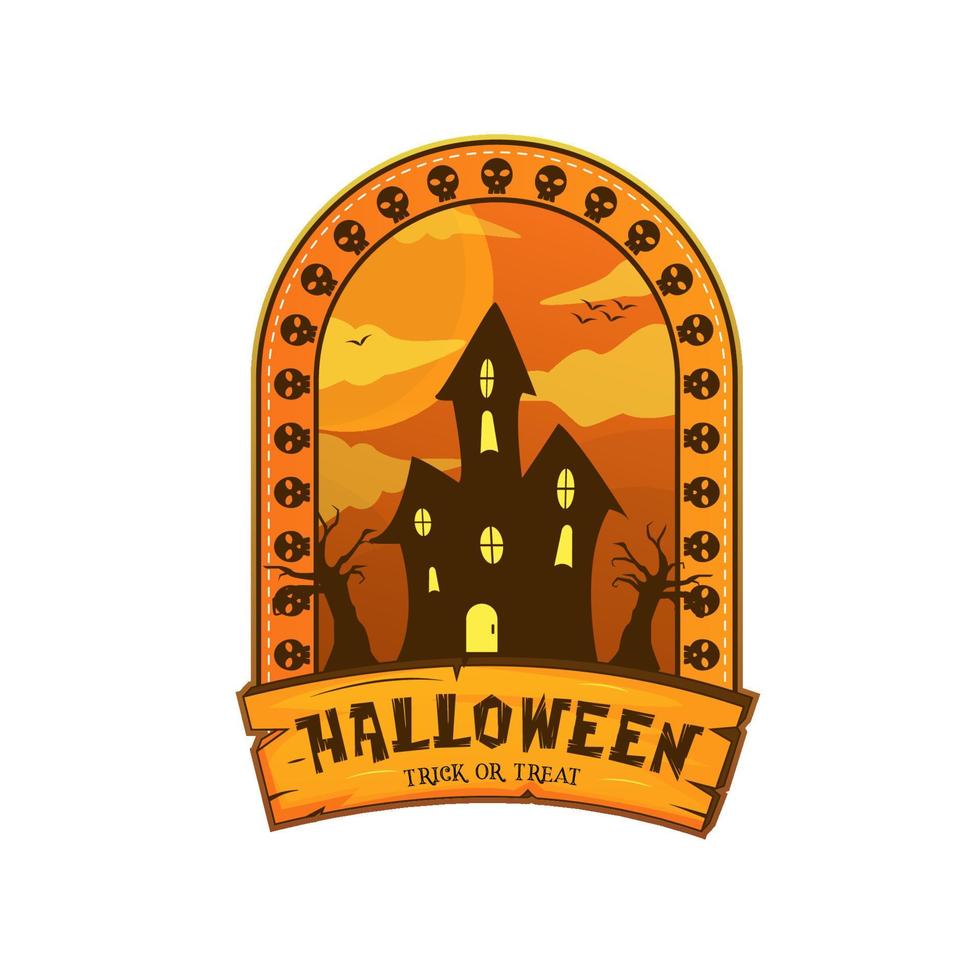 Halloween-pompoenhuis met het concept van het schedelembleem vector