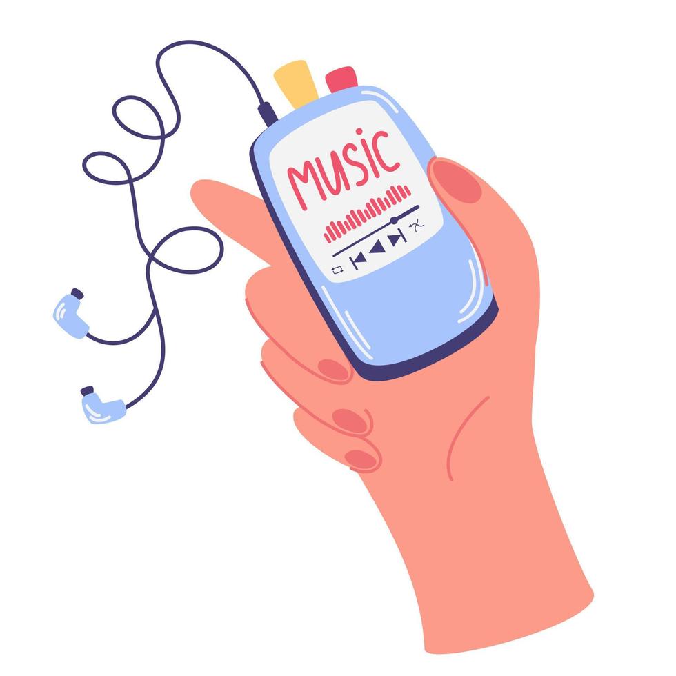 hand met een muziekspeler. het weergeven van audio of radio. het concept van de gebruikersinterface van een muziekspeler. genieten van audio geluid, gebruik mp3-speler of smartphone geïsoleerd op wit. vector illustratie