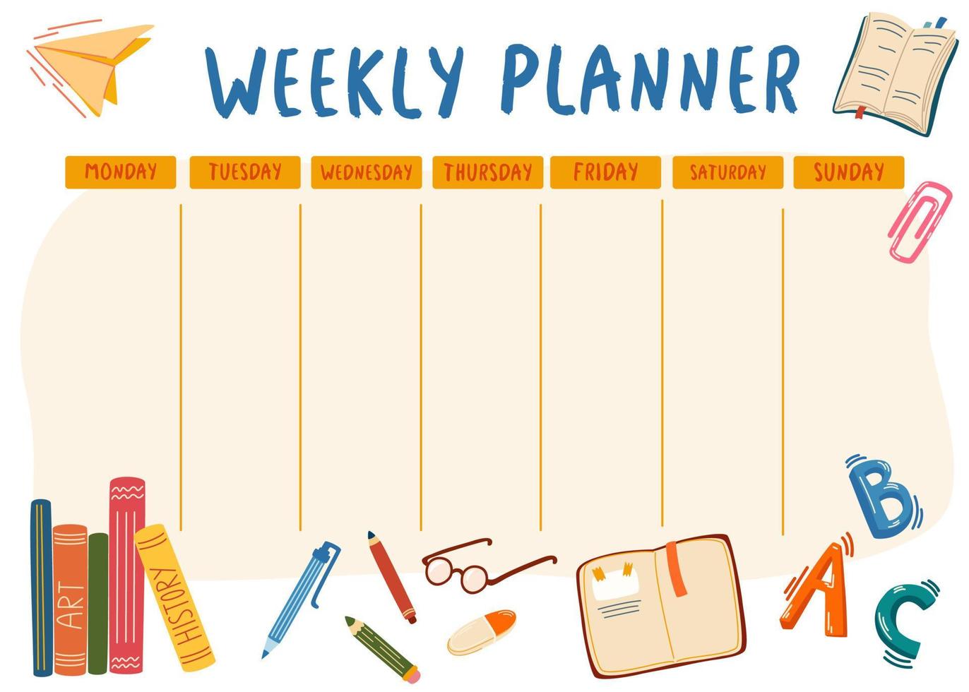 schoolweekplanner. notebooks, schoolboeken, pennen, potloden, gum, brieven en papieren vliegtuigje. leuke sjabloon met cartoon school objecten en symbolen. handgetekende cartoon vectorillustratie vector