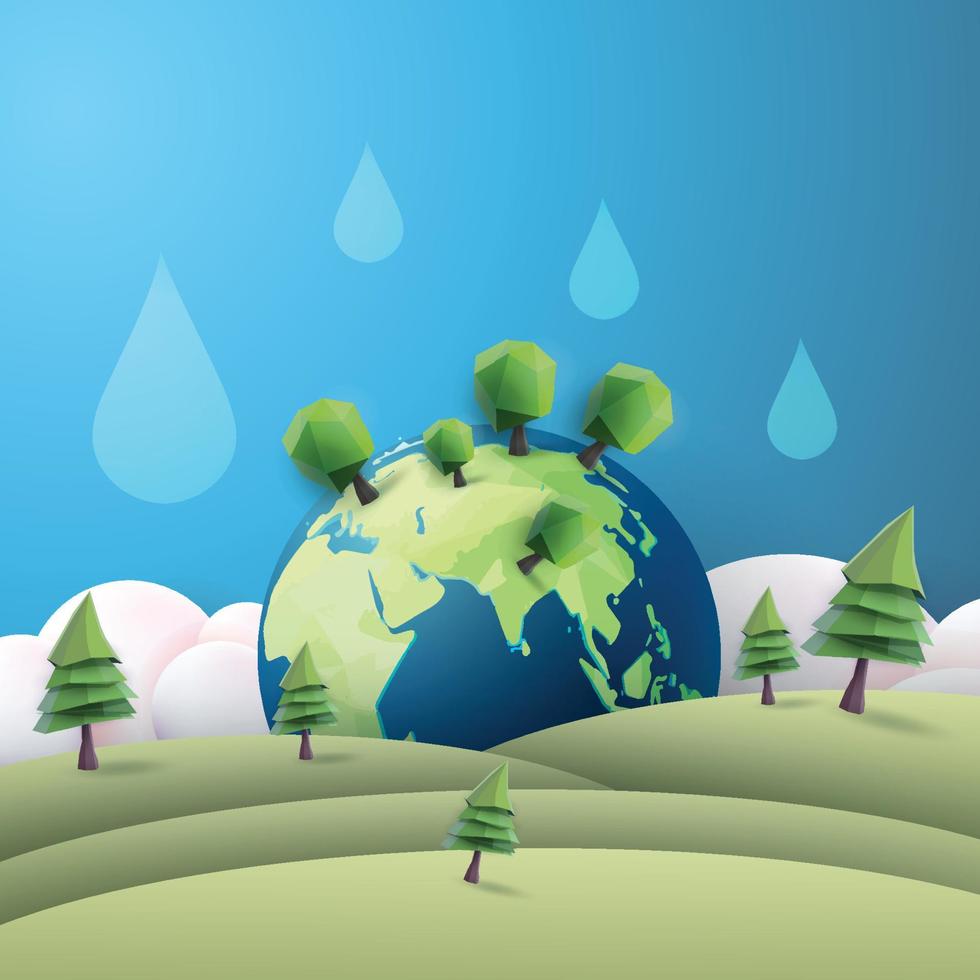 wereld water dag concept papier kunst ecologische omgeving planeet groen en stad vector
