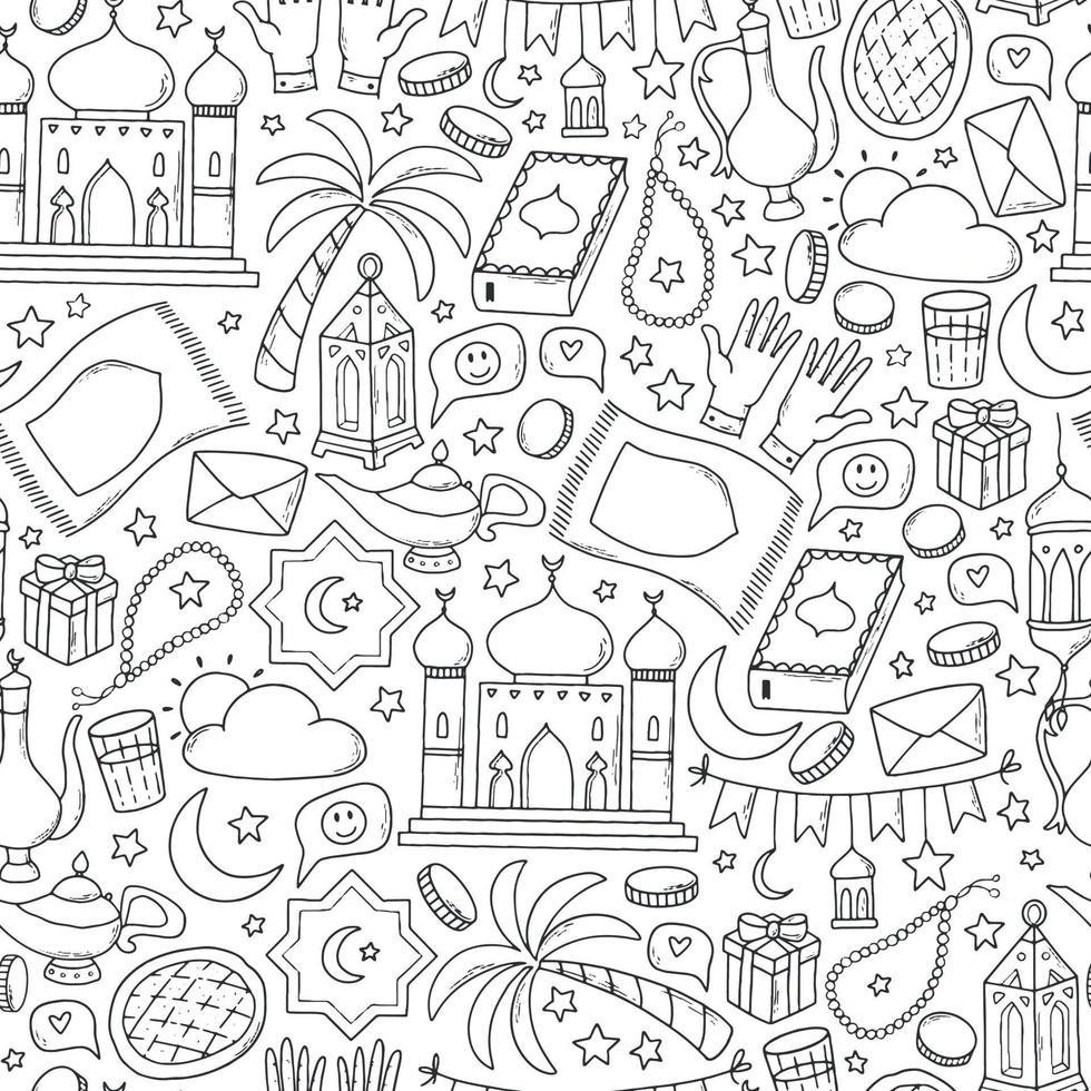 ramadan monochroom naadloos patroon met hand getrokken doodles. goed voor inpakpapier, scrapbooking, behang, kleurplaten, verpakkingen, enz. eps 10 vector