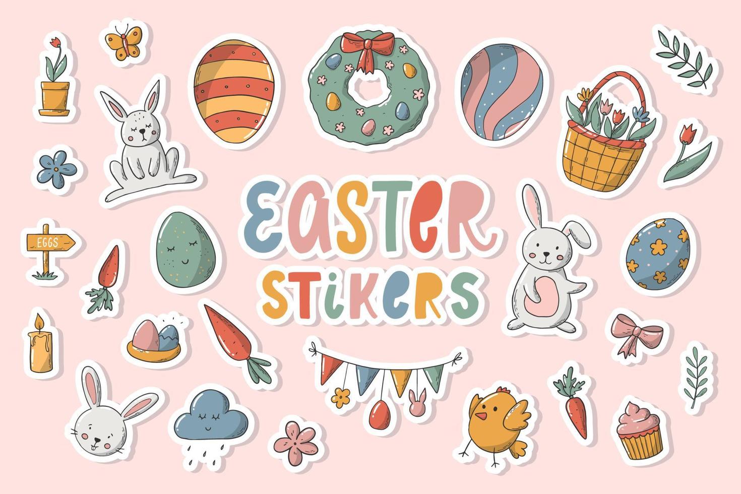 Pasen stickers pakket. hand getrokken doodles, clipart in cartoon-stijl met witte rand. prenten, etiketten, planner, vakantiedecor, mokken, magnetenontwerp. eps 10 vector