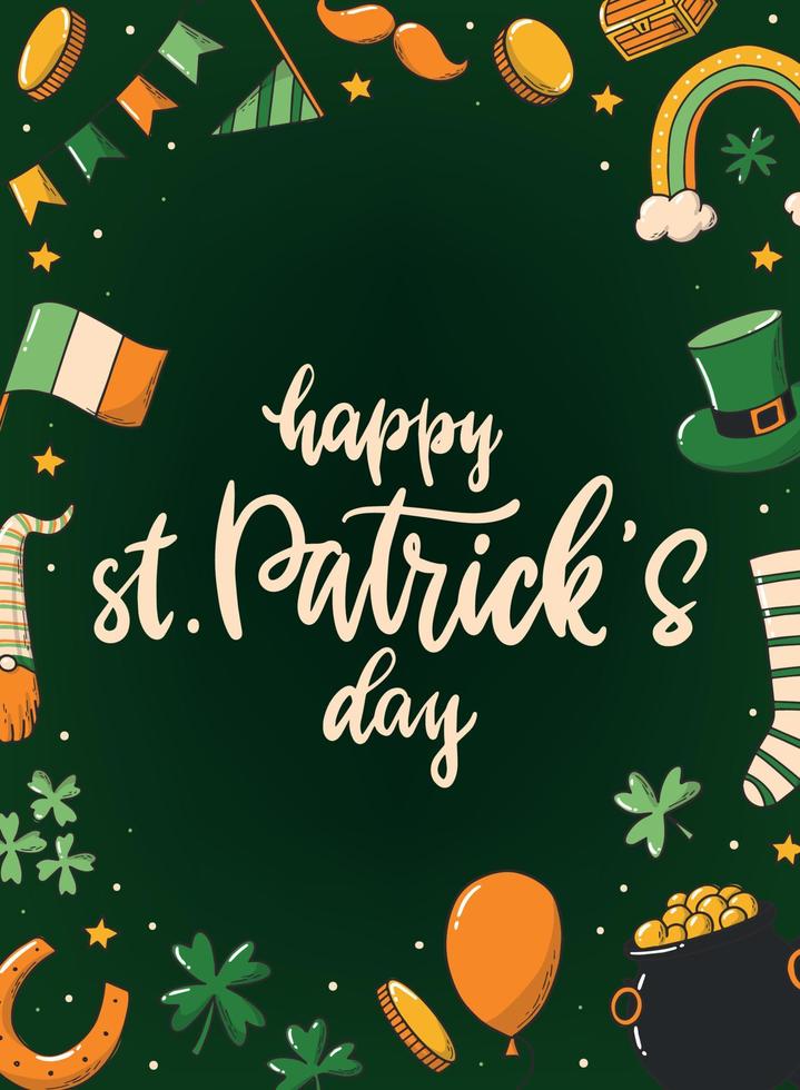 happy st.patrick's day citaat met doodles op groene achtergrond. poster, print, uitnodiging, wenskaart met kalligrafie inscriptie. eps 10 vector