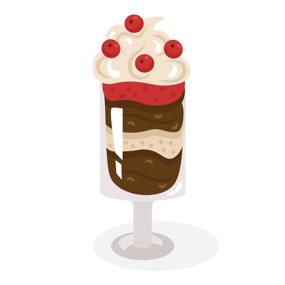 trifle, een dessert dat in lagen in een glazen glas is gelegd, is versierd met slagroom en rode bessen. leuke, gezellige vectorillustratie. voor een kerstkaart, banner, menu, coffeeshop-flyer. vector