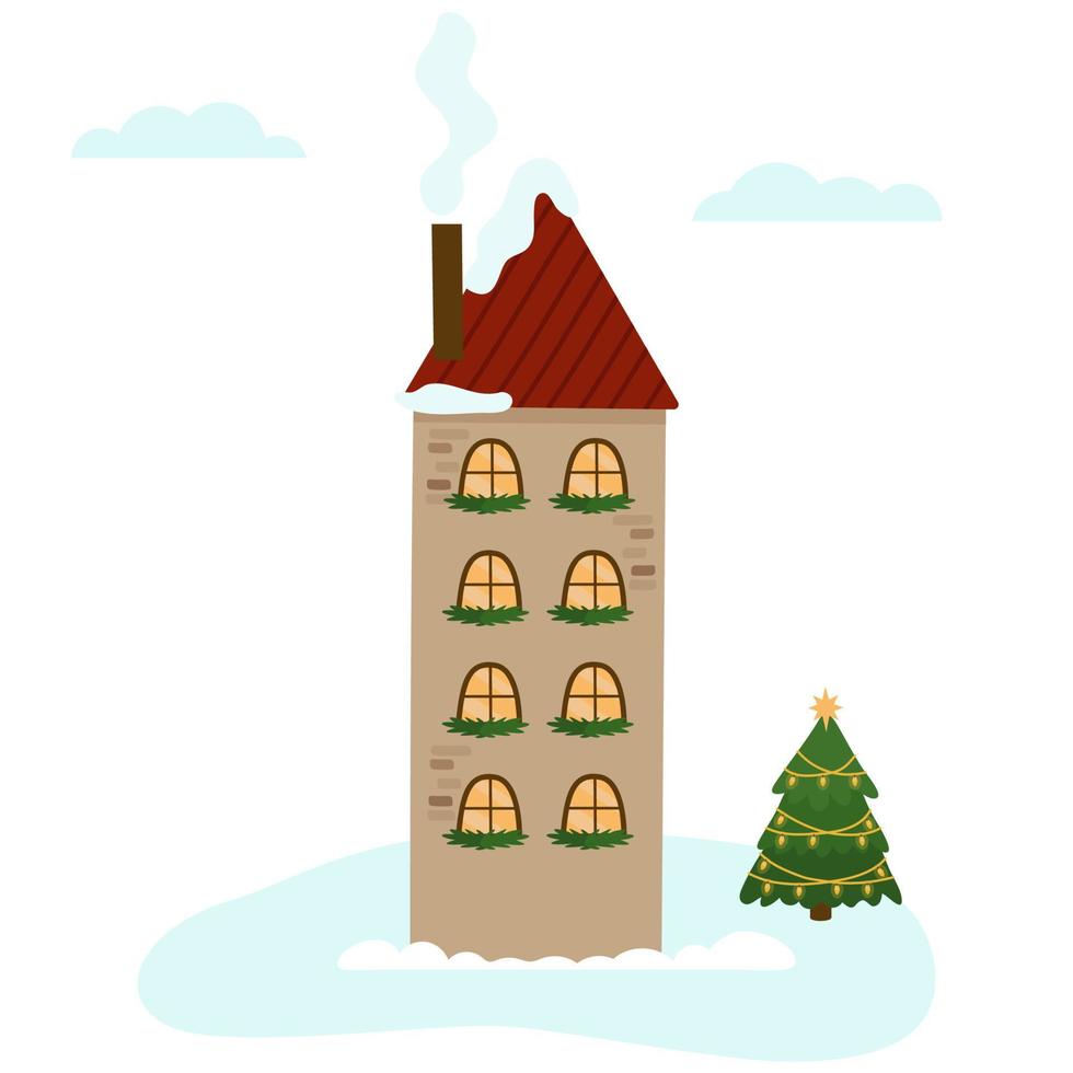 een gezellig winterhuis met vier verdiepingen, versierd met dennenslingers voor de kerst. een feestelijke winterstad. vectorillustratie voor ontwerp, decor, ansichtkaarten vector