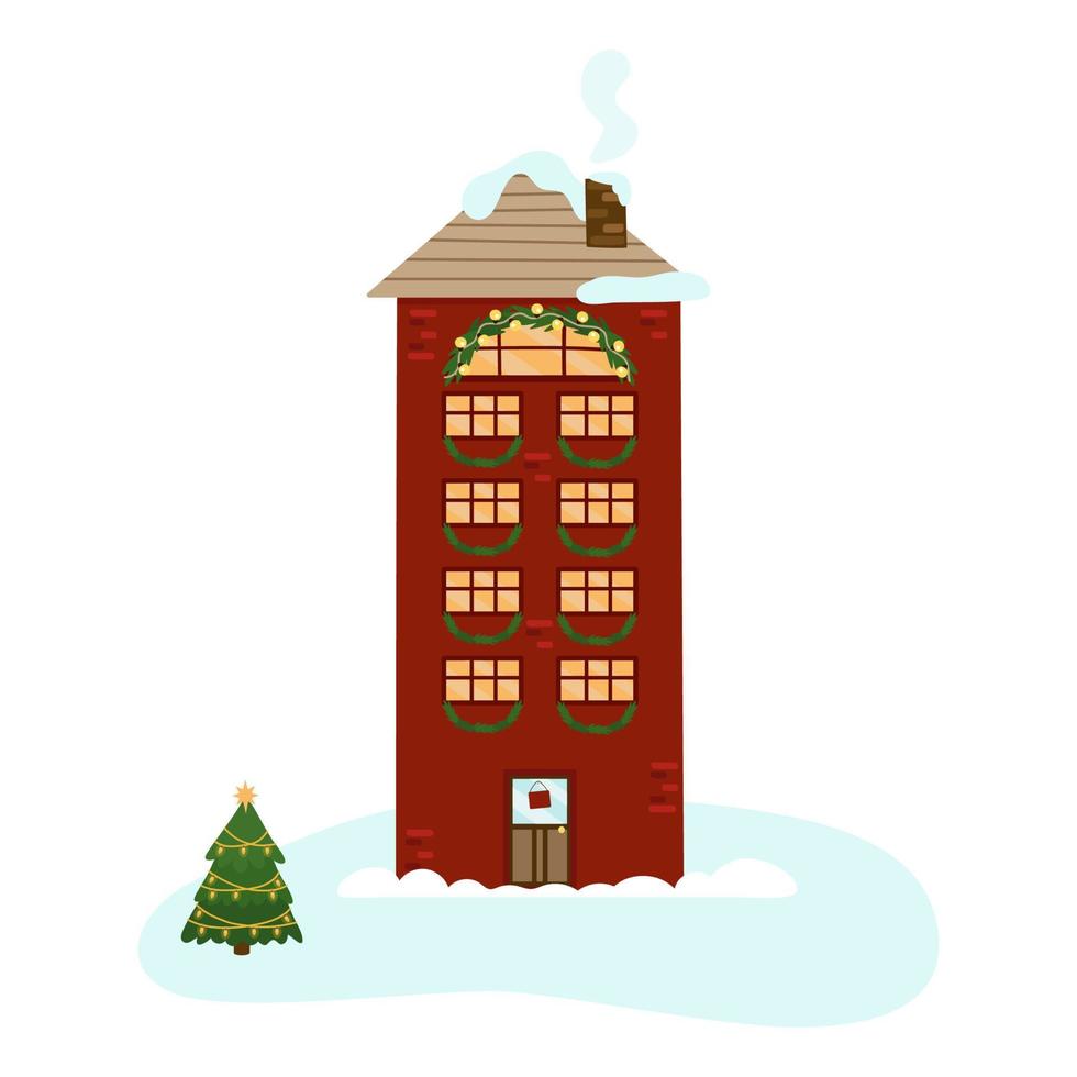 een gezellig winterrood huis met vijf verdiepingen, versierd met dennenslingers voor Kerstmis. een feestelijke winterstad. vectorillustratie voor ontwerp, decor, ansichtkaarten vector