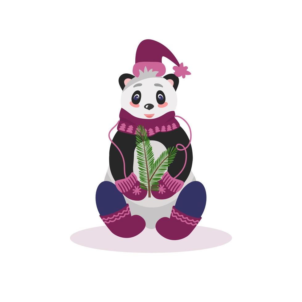 kerstkaart met pandabeer met dennentakken. in warme winterkleren, muts, sjaal en vilten laarzen. vectorillustratie voor ontwerp en decor, banner vector