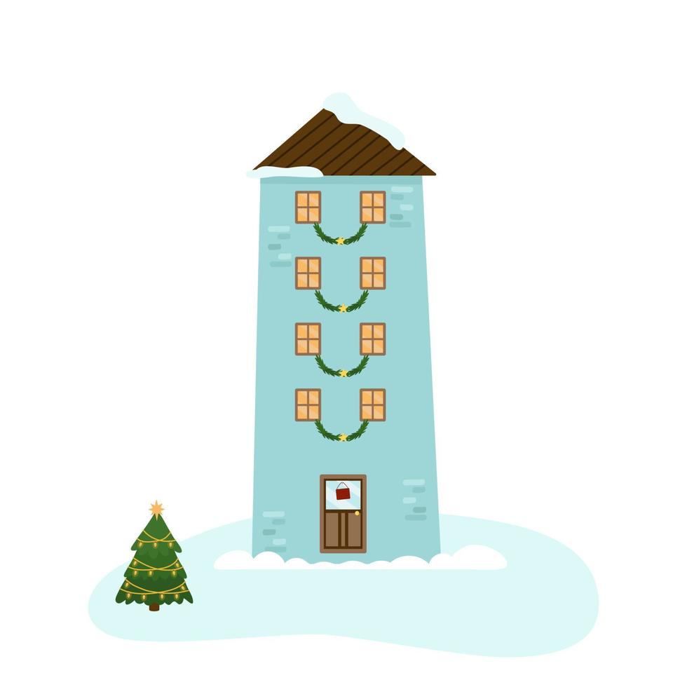 een gezellig winterblauw huis met vier verdiepingen, versierd met dennenslingers voor kerst. een feestelijke winterstad. vectorillustratie voor ontwerp, decor, ansichtkaarten vector