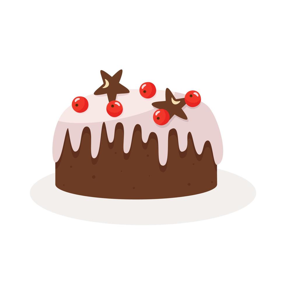 een feestelijke cupcake versierd met rode bessen, glazuur en sterren. leuke, gezellige vectorillustratie. voor een kerstkaart, banner, menu, coffeeshop-flyer. vector