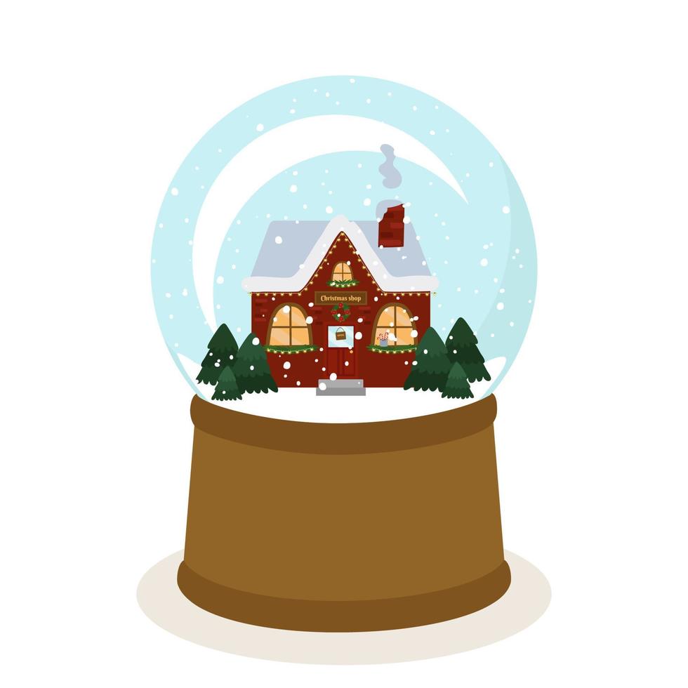 een sneeuwglazen bol is een souvenir met een winkeltje en kerstbomen. winter kerst vectorillustratie. voor een ansichtkaart, ontwerp of decor vector