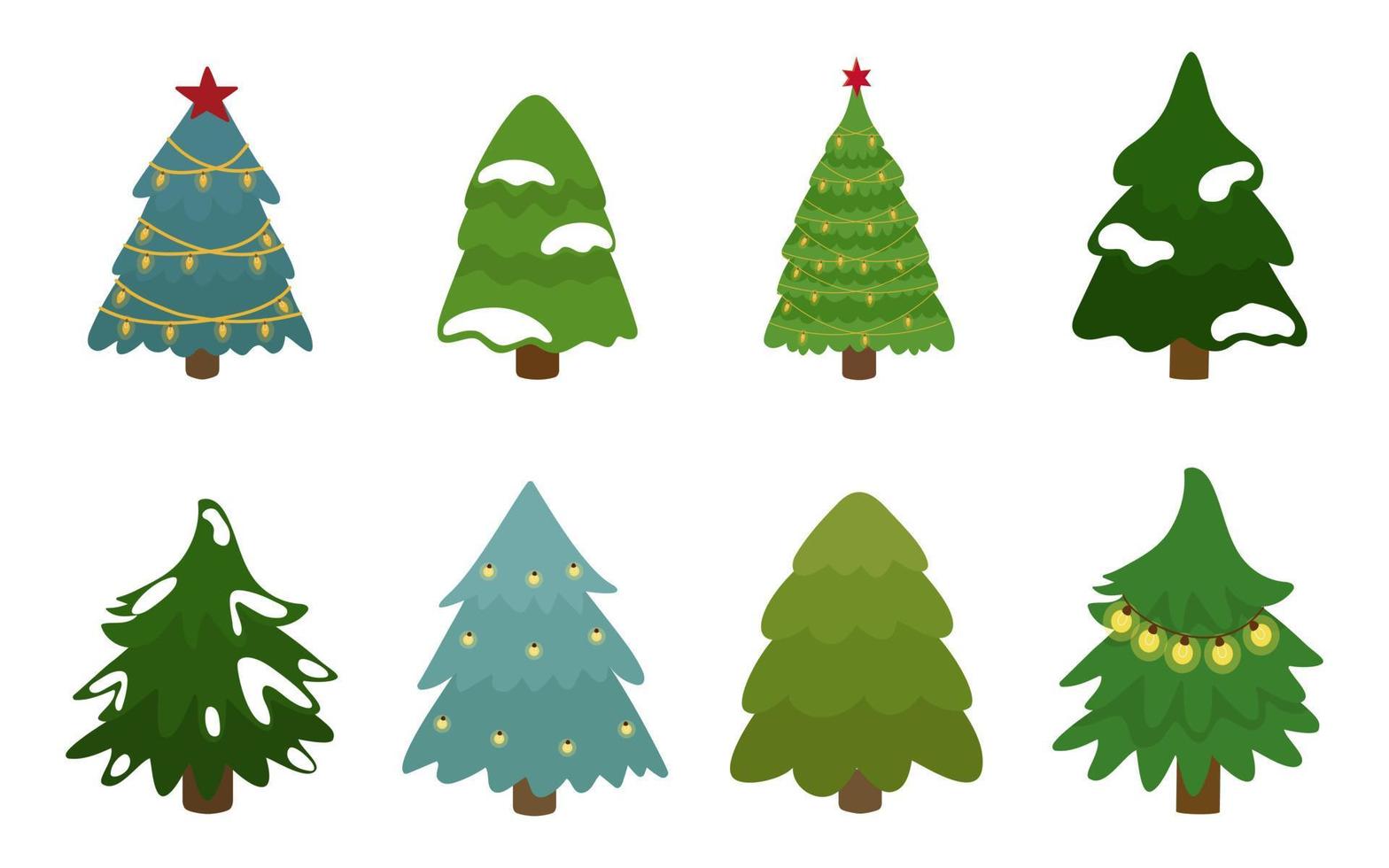 set kerstbomen met versieringen, slingers, sterren en onopgesmukt, met sneeuw. vectorillustratie. vector