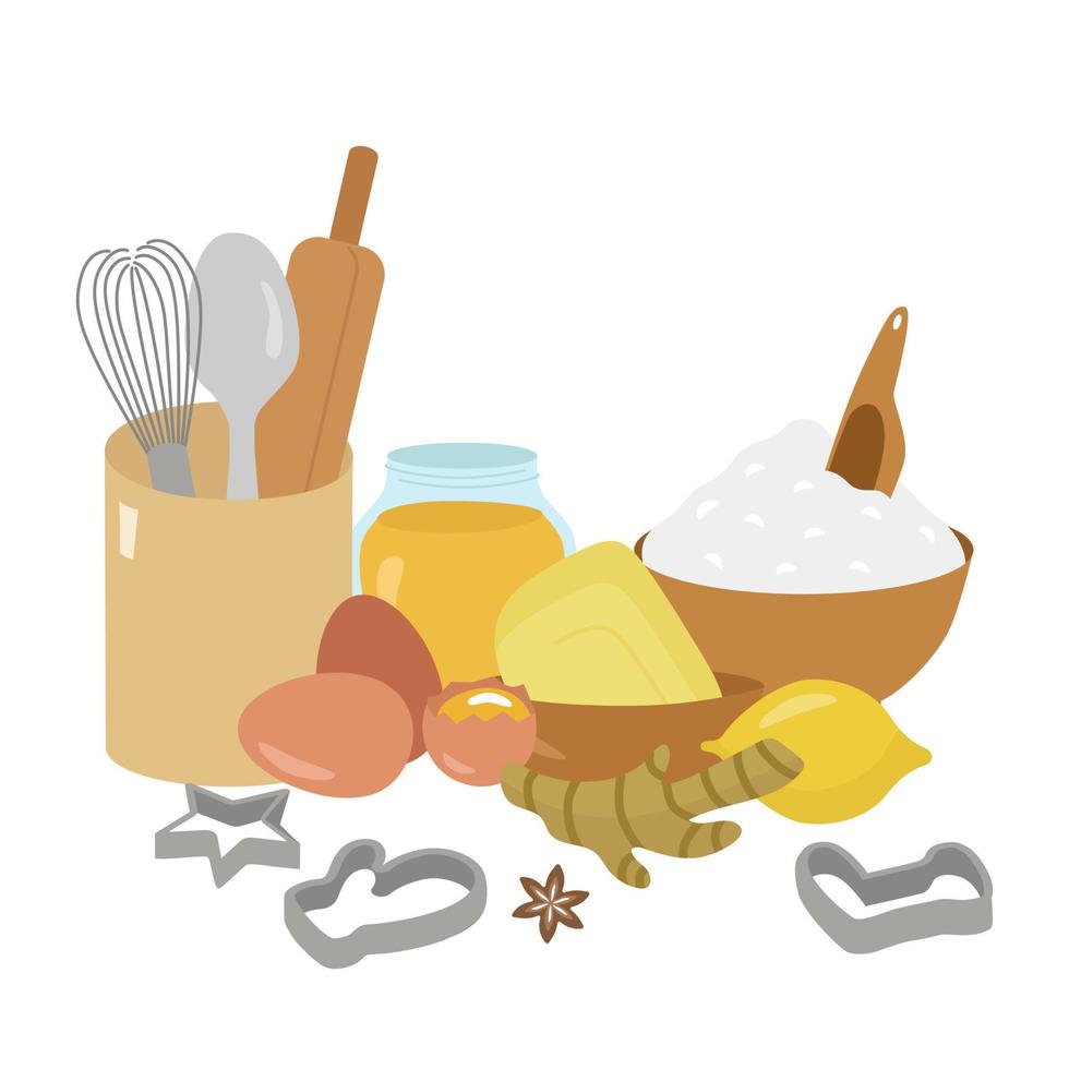 ingrediënten voor gemberkoekjes, het bereiden van kerstgebakjes. bloem, eieren, honing, boter, gember, citroen, anijs, schimmels. vectorillustratie voor banner, reclame, ontwerp vector