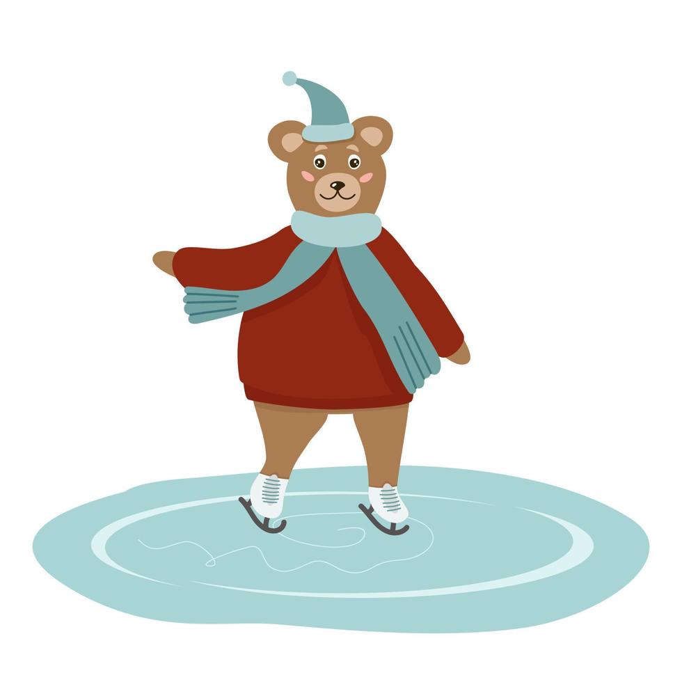schattige bruine beer schaatst in een hoed, sjaal en trui. winter vectorillustratie voor een wenskaart vector