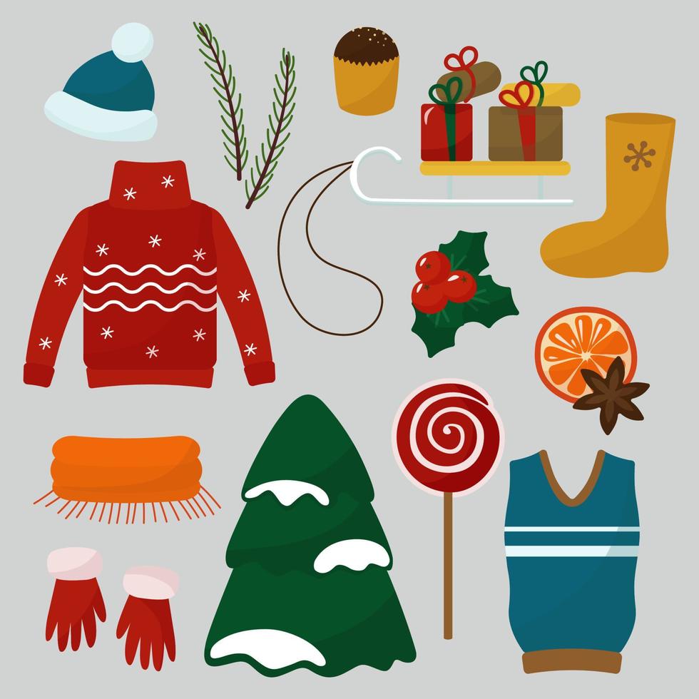 kerststickers voor ontwerp. trui, slee, snoep, geschenken, hulst, sinaasappel. vectorillustratie. vector