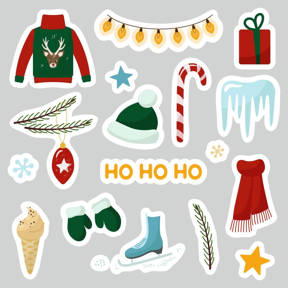 kerststickers voor ontwerp. trui, slinger, lolly, muts, wanten. vectorillustratie. vector