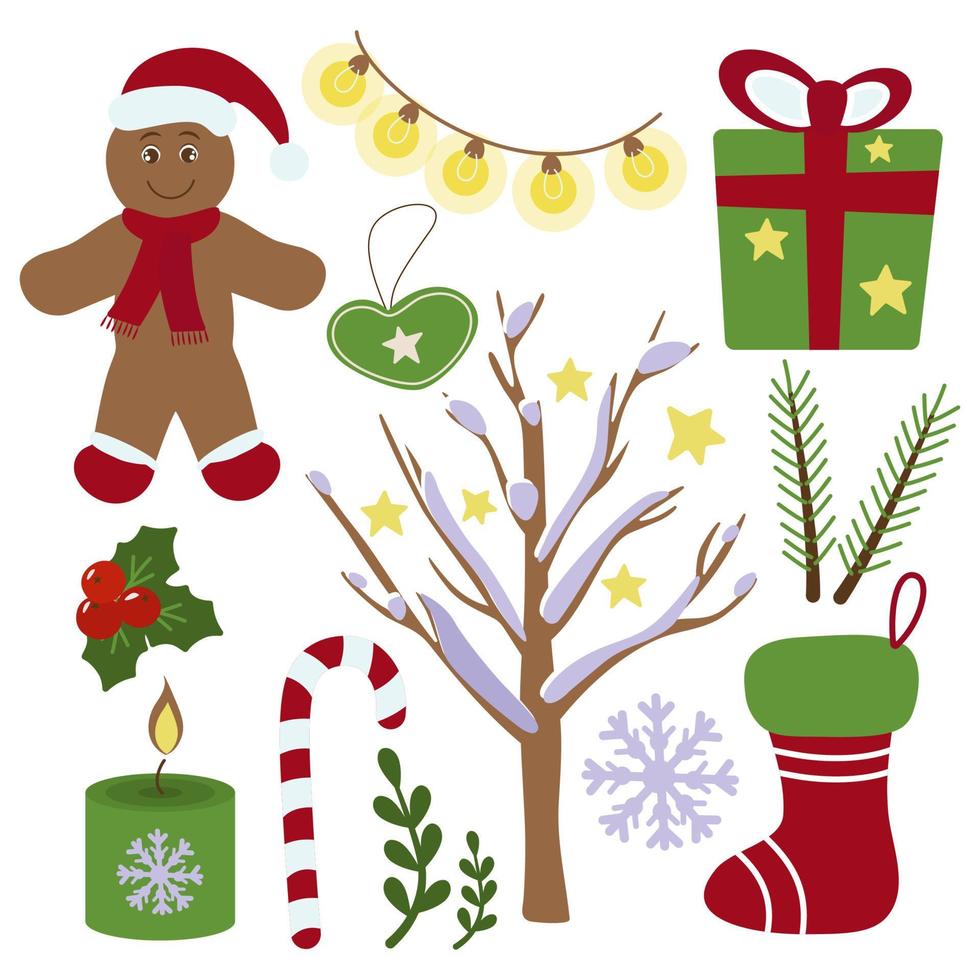 kerst stickers set leuke elementen. peperkoekman, laars, kaars, lolly, kerstspeelgoed. vectorillustratie geïsoleerd. vector