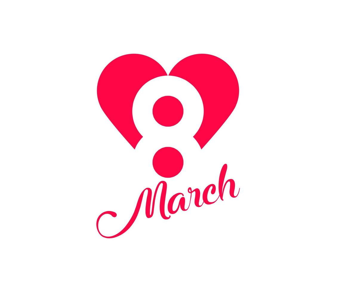 8 maart belettering binnen modern hartsymbool. 8 inscriptie met hart. hart sjabloon met rode vrouw pictogram. eenvoudige lineaire vector witte achtergrond.