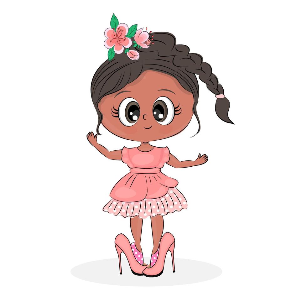 klein meisje in moeders schoenen, met de hand getekend schattig klein meisje in een roze jurk, voor kaarten, print voor t-shirt, textiel, voor cadeauverpakking. vector illustratie